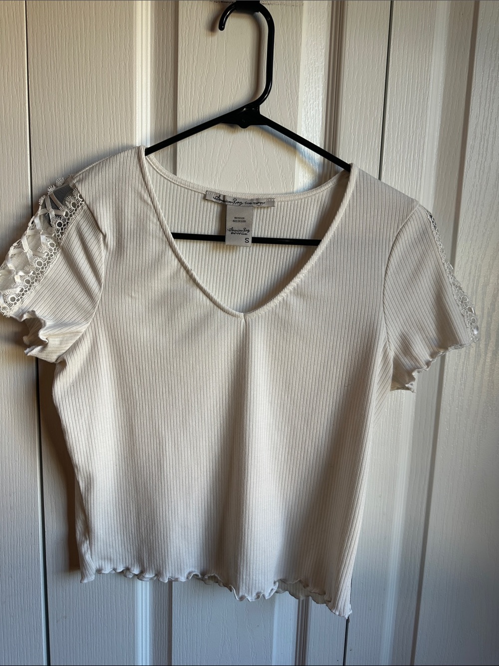 American Rag Cream Ribbed V-Neck Tee with Lace-Trim Sleeves